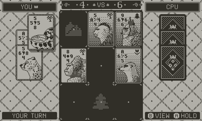 Beast Duel gameplay: a card is placed on the 3×3 board and a higher touching number flips the rival card.