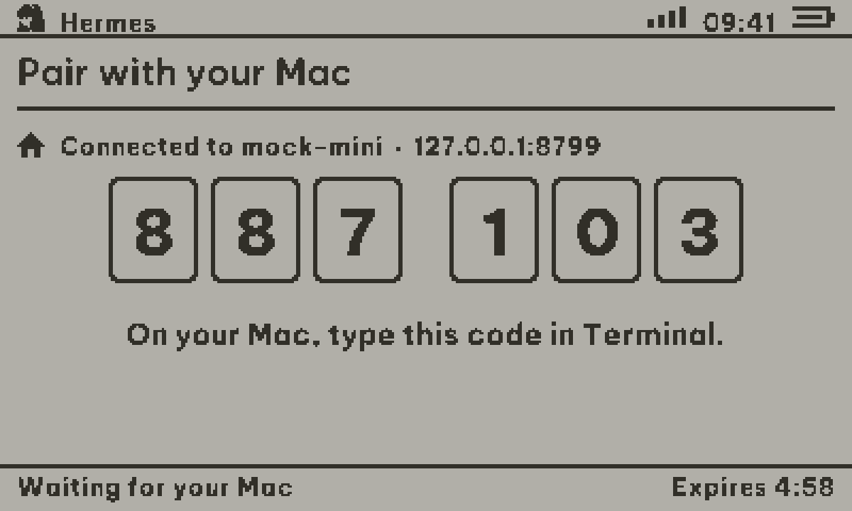 Hermes screenshot: Pairing · confirm the code