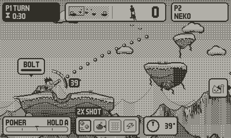 Lobshot gameplay: the crank sets the angle, A charges the shot, and the shell arcs onto the rival island.