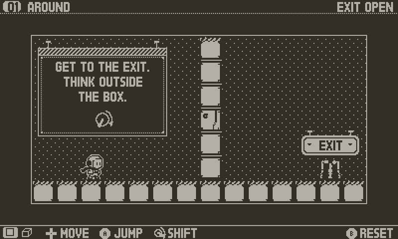 ZLab room 1: a wall blocks the flat room, the crank folds it into 3D, and the hero walks around the wall to the exit.
